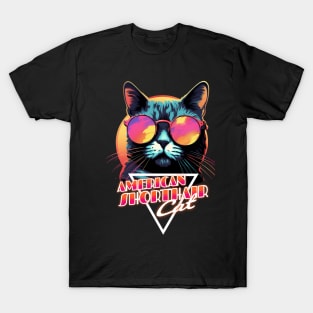 Retro Wave American Shorthair Cat Miami Shirt T-Shirt